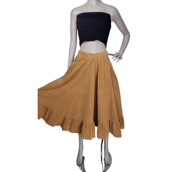 Vintage 70s Corduroy High-Waist Boho Western Equestrian Full Tiered Midi Skirt - Picture 1 of 11